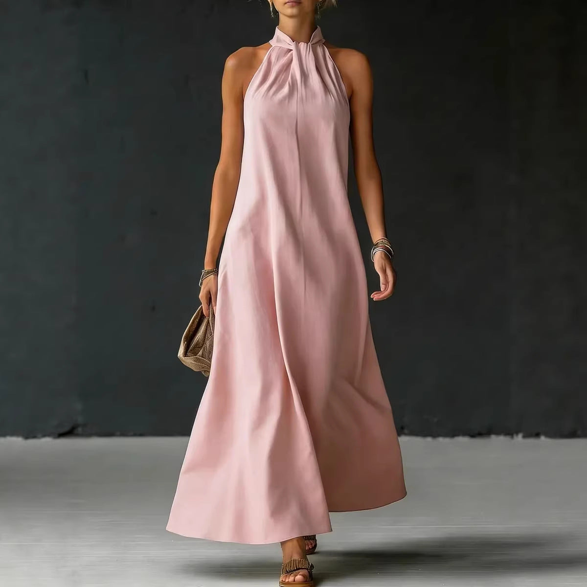 Linen-Blend Halter Neck Maxi Dress