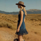 Teal Suede Sleeveless Western Fringe Mini Dress With Embellished Belt