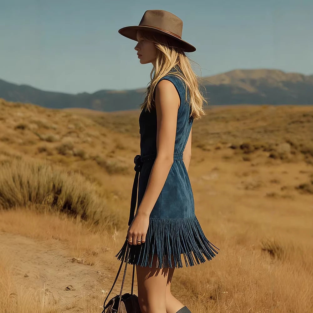 Teal Suede Sleeveless Western Fringe Mini Dress With Embellished Belt