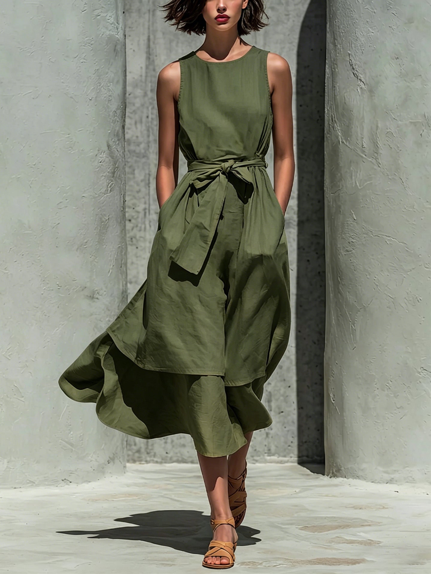 Sleeveless Tie Waist Layered Linen Midi Dress