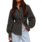 Vintage Brown Checkered Collared Long Sleeve Slim Fit Blouse