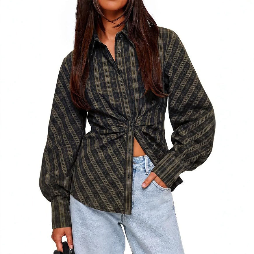 Vintage Brown Checkered Collared Long Sleeve Slim Fit Blouse