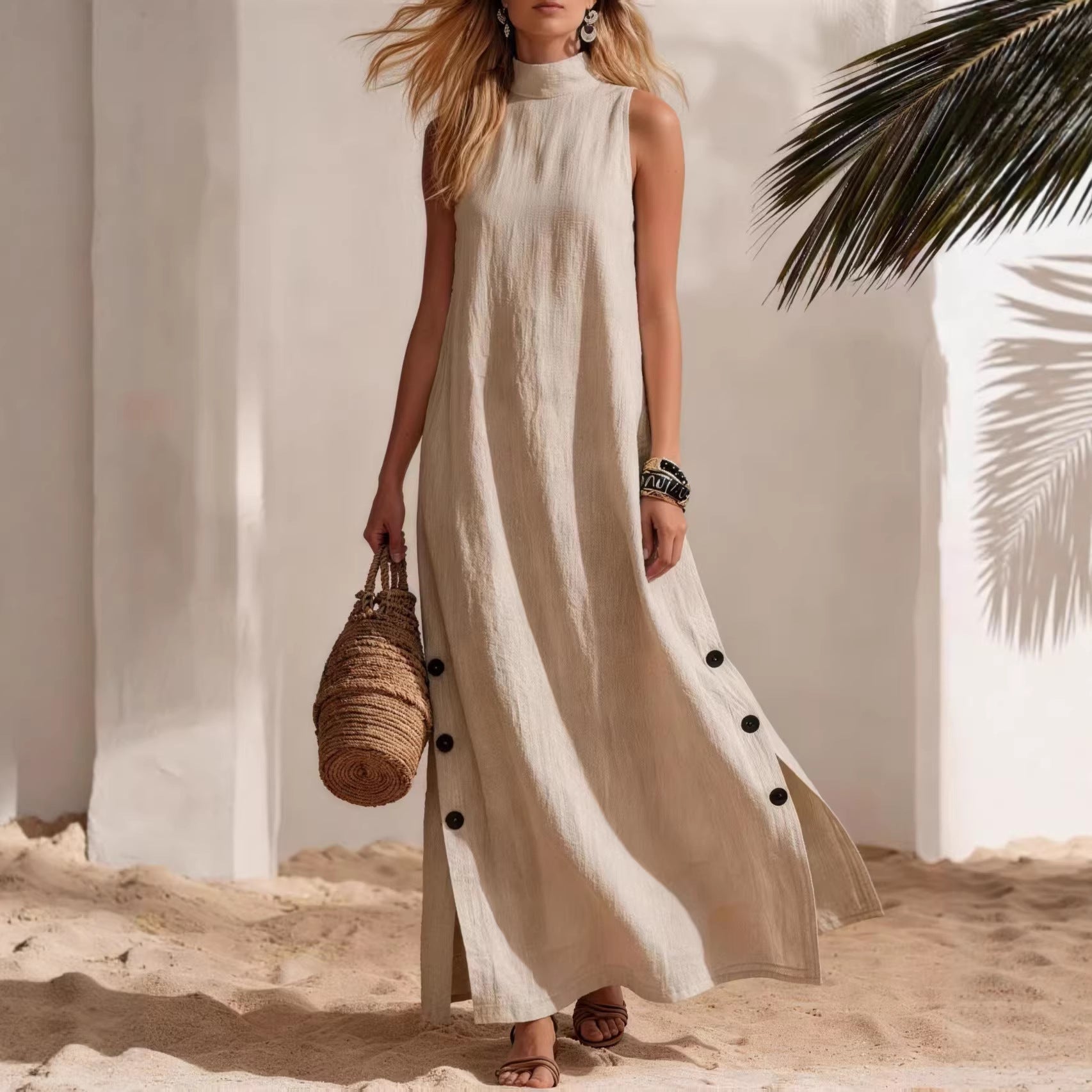 Casual Solid Color Cotton And Linen Sleeveless Side Slit Maxi Dress