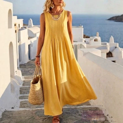 Pleated Pocket Linen Blend Vacation Maxi Dress