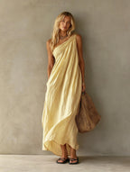 Dusty Pink One Shoulder Ruched Linen Maxi Dress