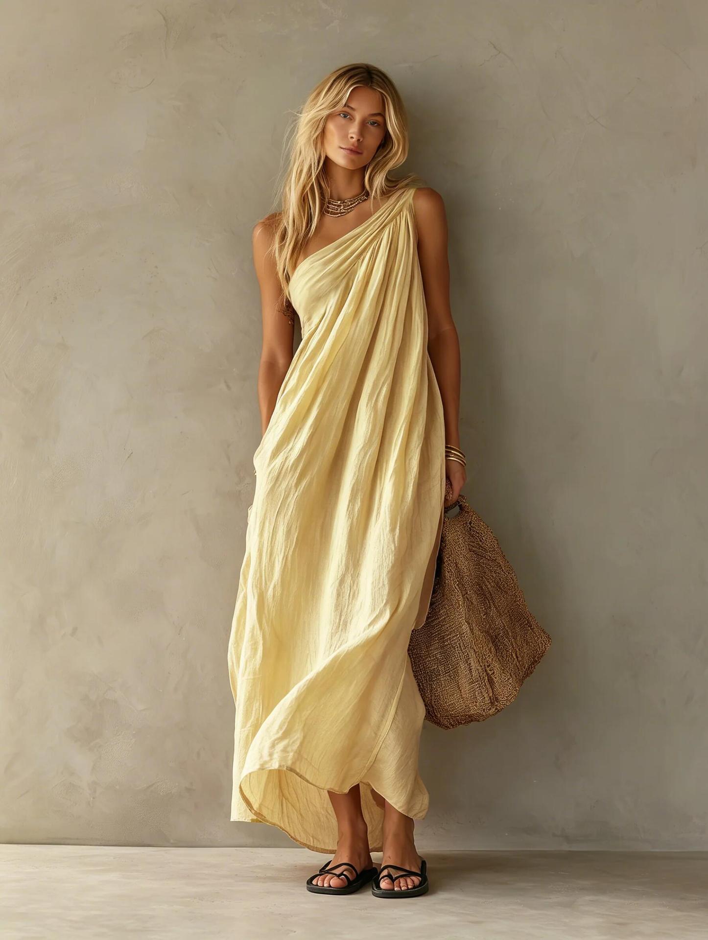 Dusty Pink One Shoulder Ruched Linen Maxi Dress
