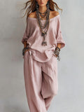Women'S One-Shoulder Loose Top Wide-Leg Pants Cross-Border Two-Piece Set