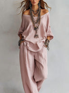 Women'S One-Shoulder Loose Top Wide-Leg Pants Cross-Border Two-Piece Set