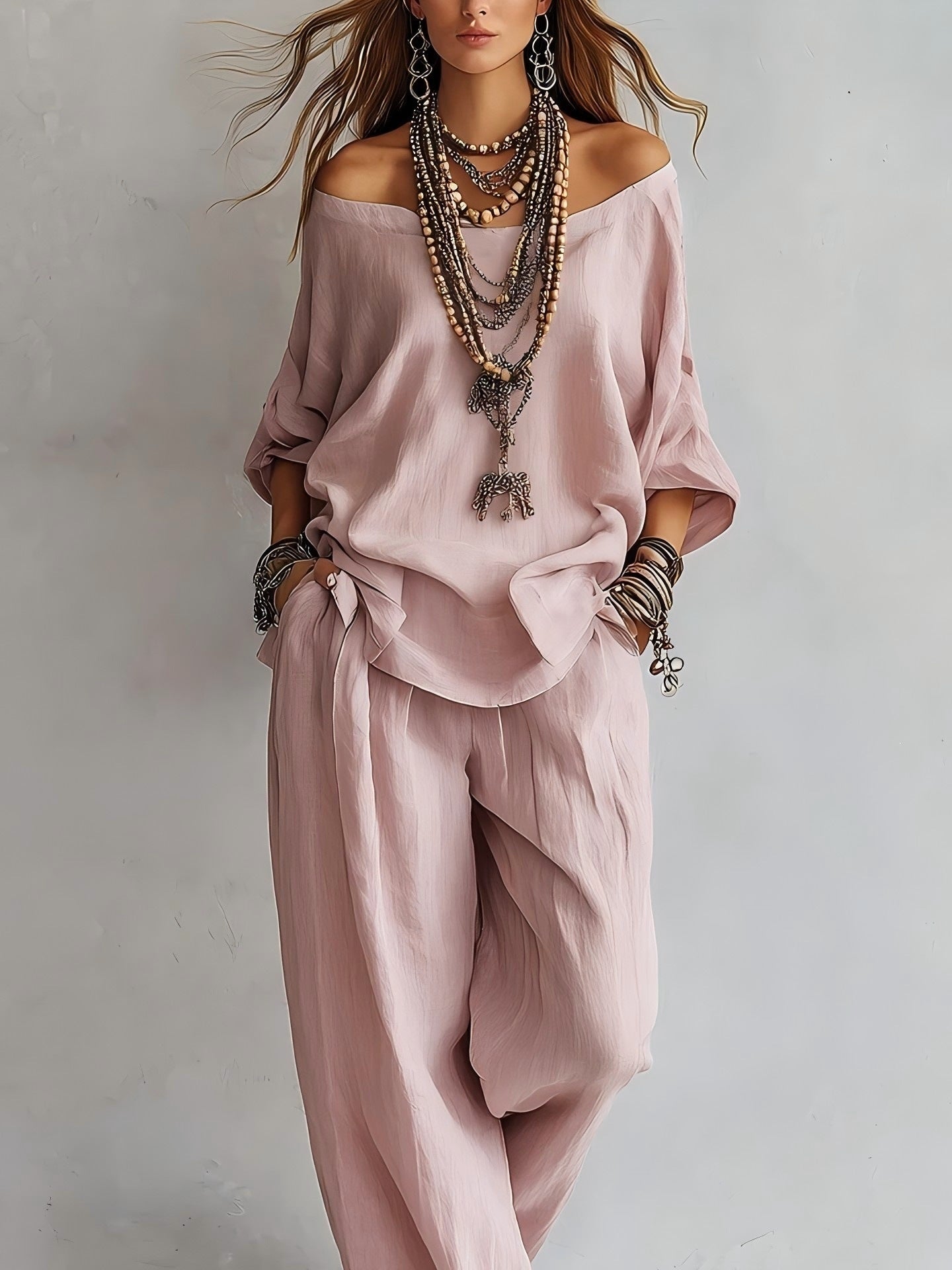 Women'S One-Shoulder Loose Top Wide-Leg Pants Cross-Border Two-Piece Set