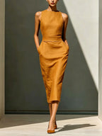 Women'S Elegant Sleeveless Slim Fit Hip-Covering Mid-Length Dress
