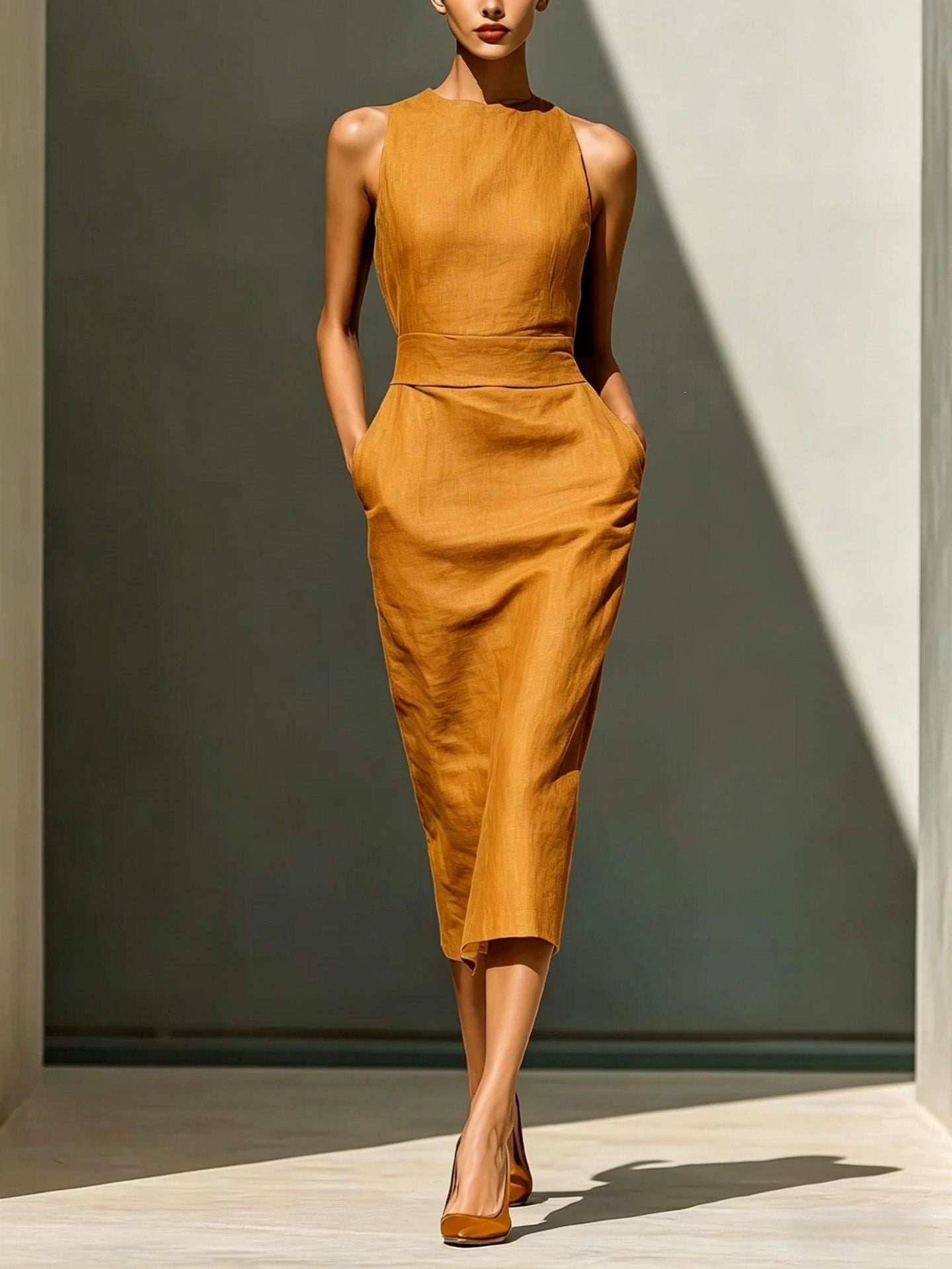 Women'S Elegant Sleeveless Slim Fit Hip-Covering Mid-Length Dress