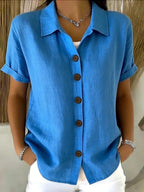 Women's Turn-Down Collar Short Sleeve Linen Shirt