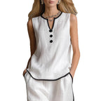 Loose-fitting Cotton-linen Color-blocked Sleeveless Top And Pants Set