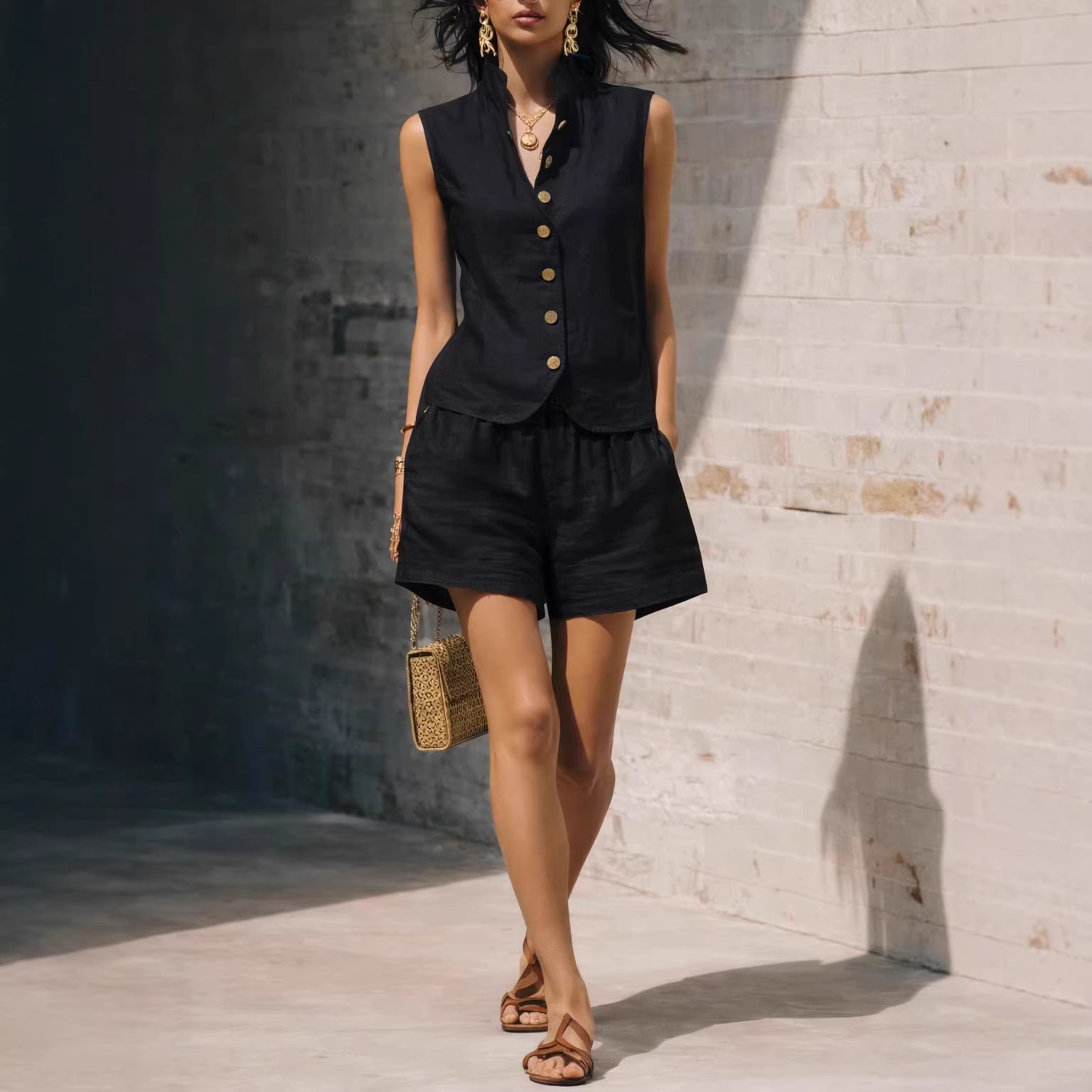 Linen Stand Collar Sleeveless Vest & Elastic Waist Shorts 2 Piece Co-Ord Set