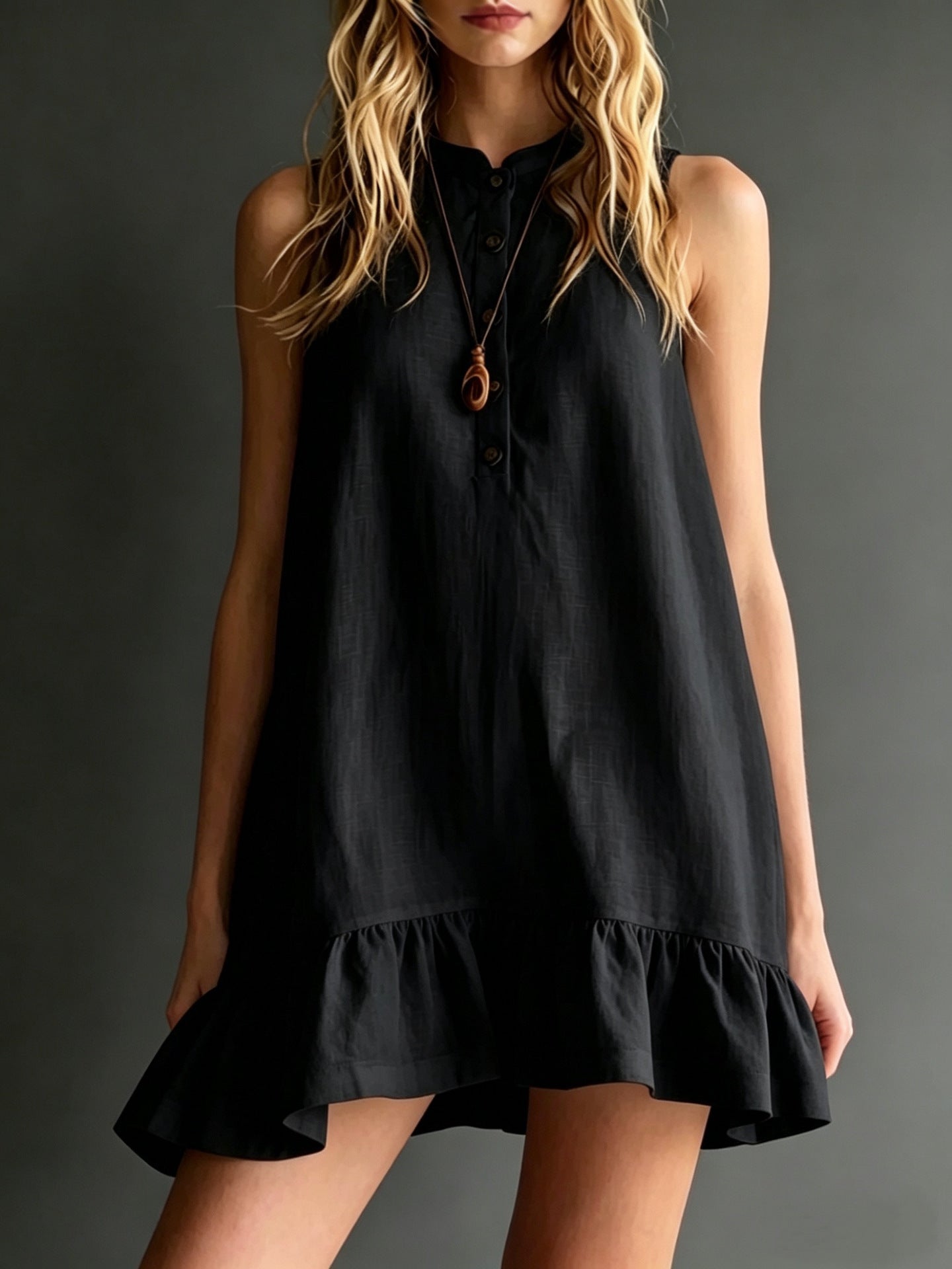 Effortless Sleeveless Ruffle Hem Shift Dress – Relaxed Linen Blend Style