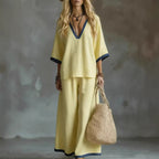 Effortless V-Neck Top & Wide-Leg Pants Two-Piece Set