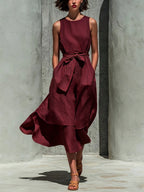 Sleeveless Tie Waist Layered Linen Midi Dress