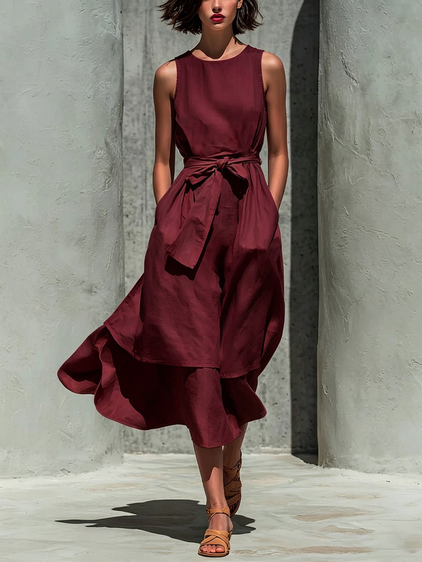 Sleeveless Tie Waist Layered Linen Midi Dress