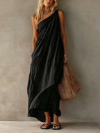 Dusty Pink One Shoulder Ruched Linen Maxi Dress
