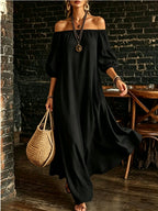Women White Off‑Shoulder Balloon Sleeve Flowy Maxi Dress