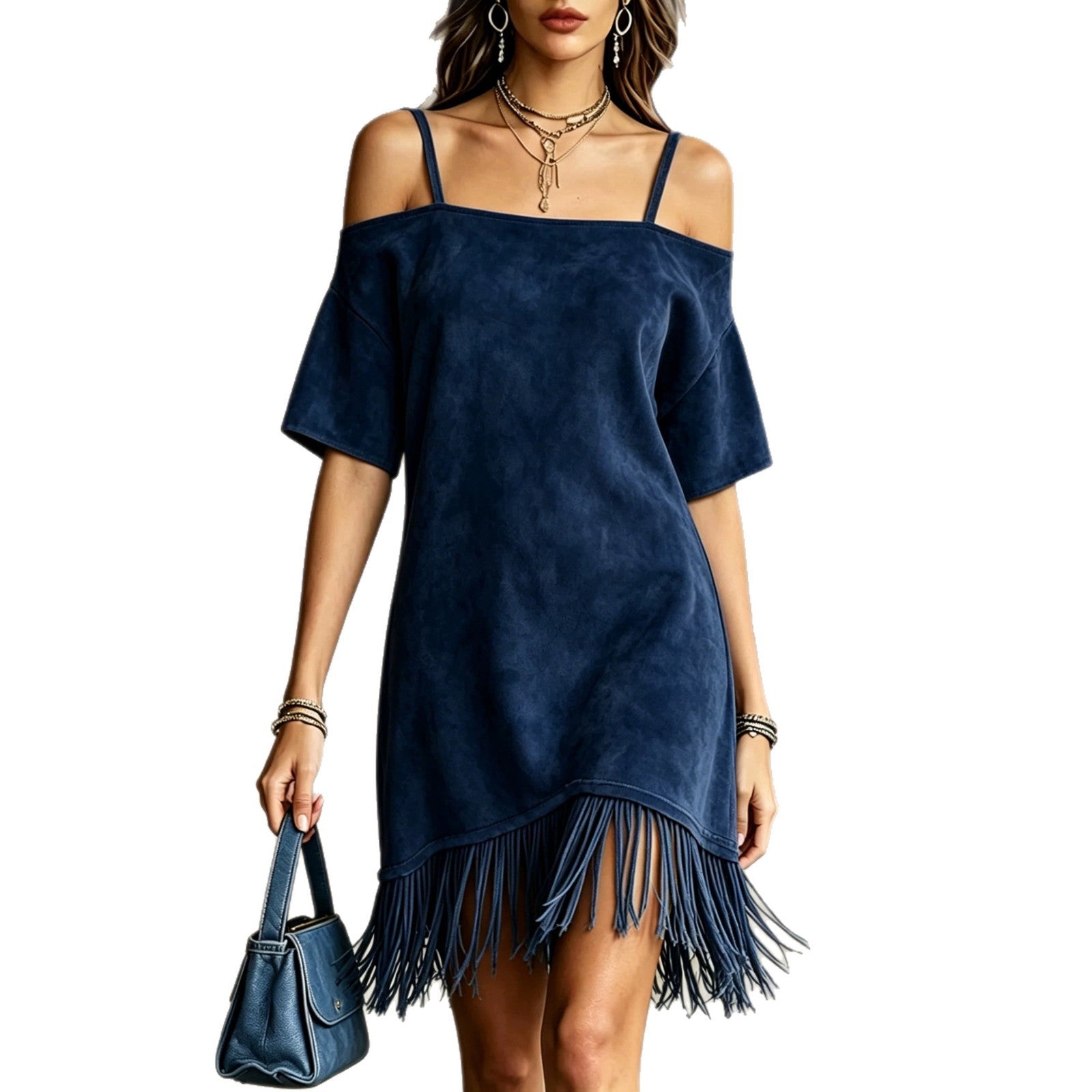 Off Shoulder Spaghetti Strap Suede Fringe Mini Dress