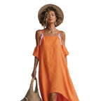 Vibrant Orange Cold-Shoulder High-Low Maxi Dress