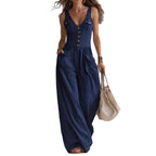 Solid Color Button Pocket Loose Casual Suspender Jumpsuit For Women