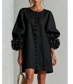 Women Blush Pink Fabric Floral Appliqué Balloon‑Sleeve Shift Mini Dress