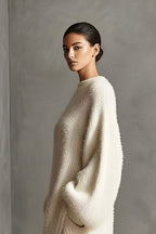 Women's Cream Textured Knit Oversized Long Sleeve Slit Maxi Sweater Dress