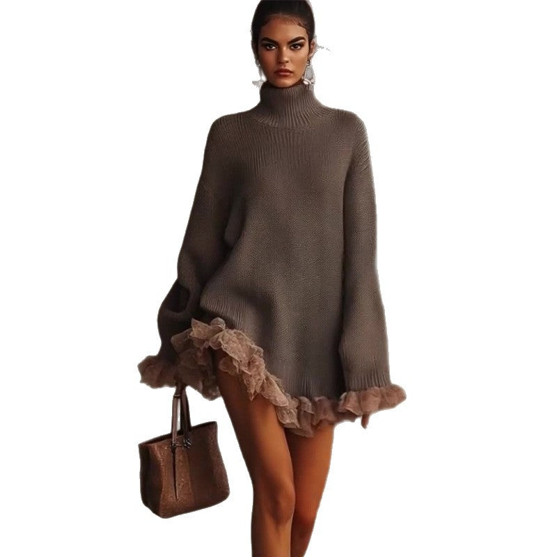 Loose Fit Long Sleeve Knit Sweater Dress Contrast Mesh Ruffle Trim