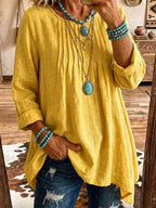 Women's Solid Linen Round Neck Pleated 3/4 Sleeve Loose Tunic Blouse
