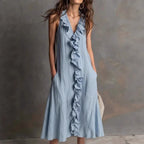🌿 Ruffle V-Neck Sleeveless Midi Dress