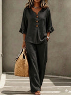 Light Blue V Neck Ruffle Sleeve Linen Two-Piece Wide Leg Pants Set