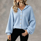 Vertical Rib Knit Hooded Button Down Balloon Sleeve Cardigan