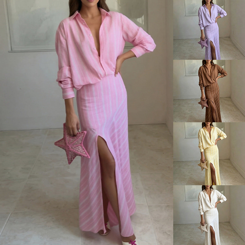 Women Striped Long‑Sleeve Shirt & High‑Slit Maxi Skirt Two‑Piece Set