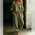 Sage Linen Off Shoulder Drawstring Waist Jogger Jumpsuit