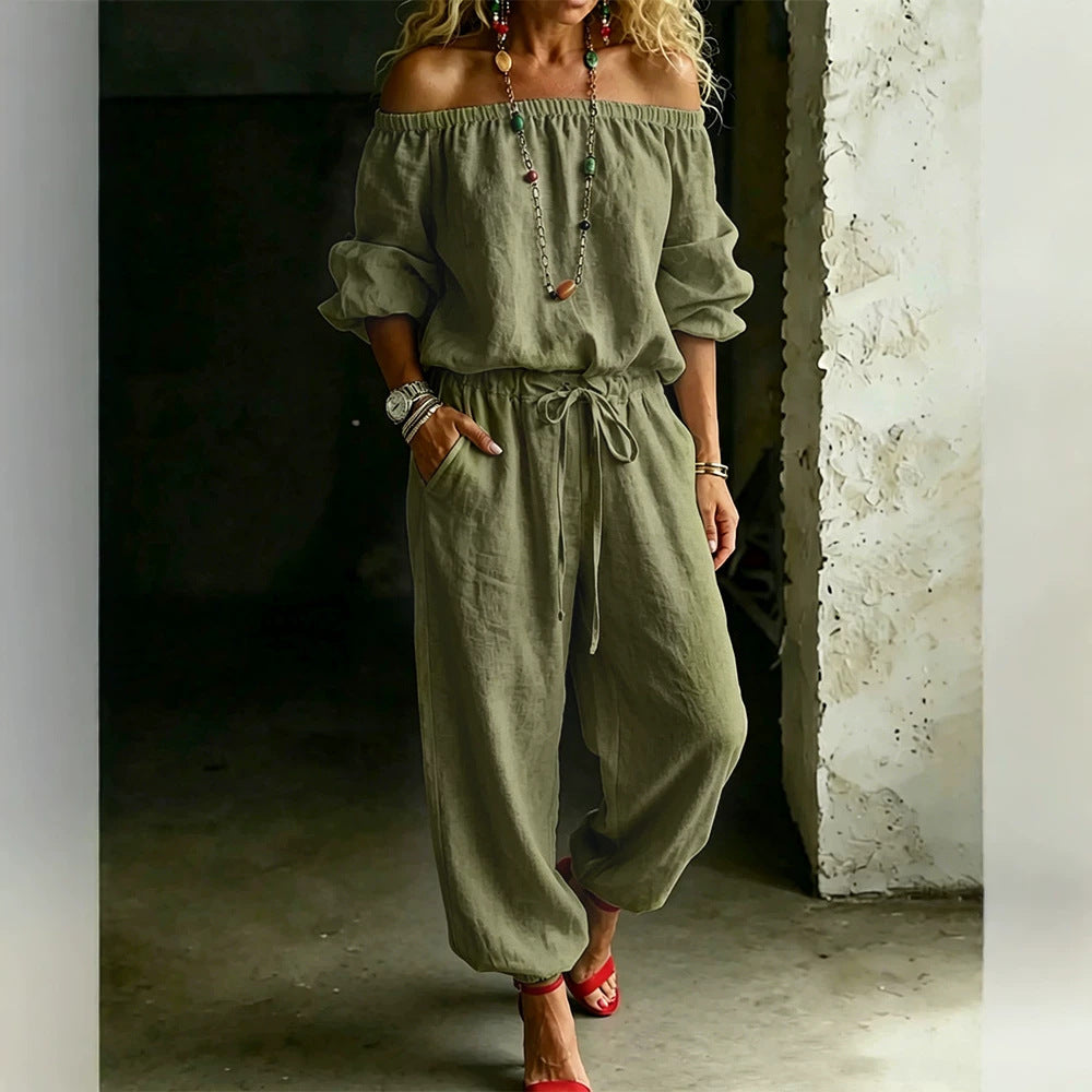 Sage Linen Off Shoulder Drawstring Waist Jogger Jumpsuit