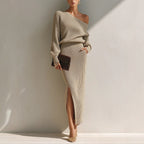 Vintage Elegant Knitted Fabric Off-shoulder Top And Skirt Two-piece Set