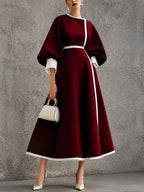 Women’s Solid Navy Contrast‑Trim Balloon‑Sleeve Belted Maxi Dress - Burgundy / S