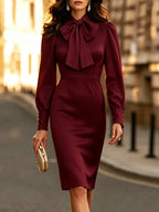 Women's Solid Bow‑Tie Neck Puff Shoulder Long‑Sleeve Bodycon Midi Dress