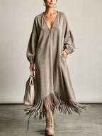Boho Casual Deep V Neck Fringe Hem Oversized Midi Dress