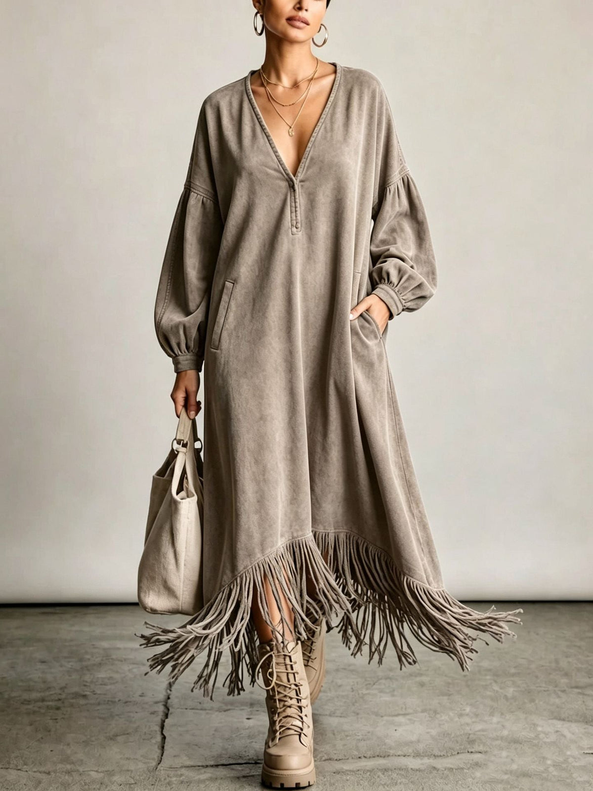 Boho Casual Deep V Neck Fringe Hem Oversized Midi Dress