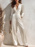 Satin Surplice V‑Neck Long Sleeve Waist‑Tied Wide Leg Elegant Jumpsuit With Pockets