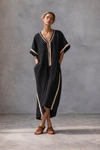 Linen Blend V-Neck Kaftan Dress