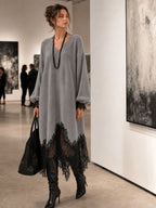 V‑Neck Lantern Sleeve Lace Trim Midi Knit Dress