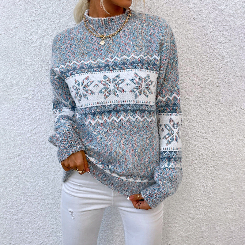 Mock Neck Snowflake Jacquard Long Sleeve Knit Sweater