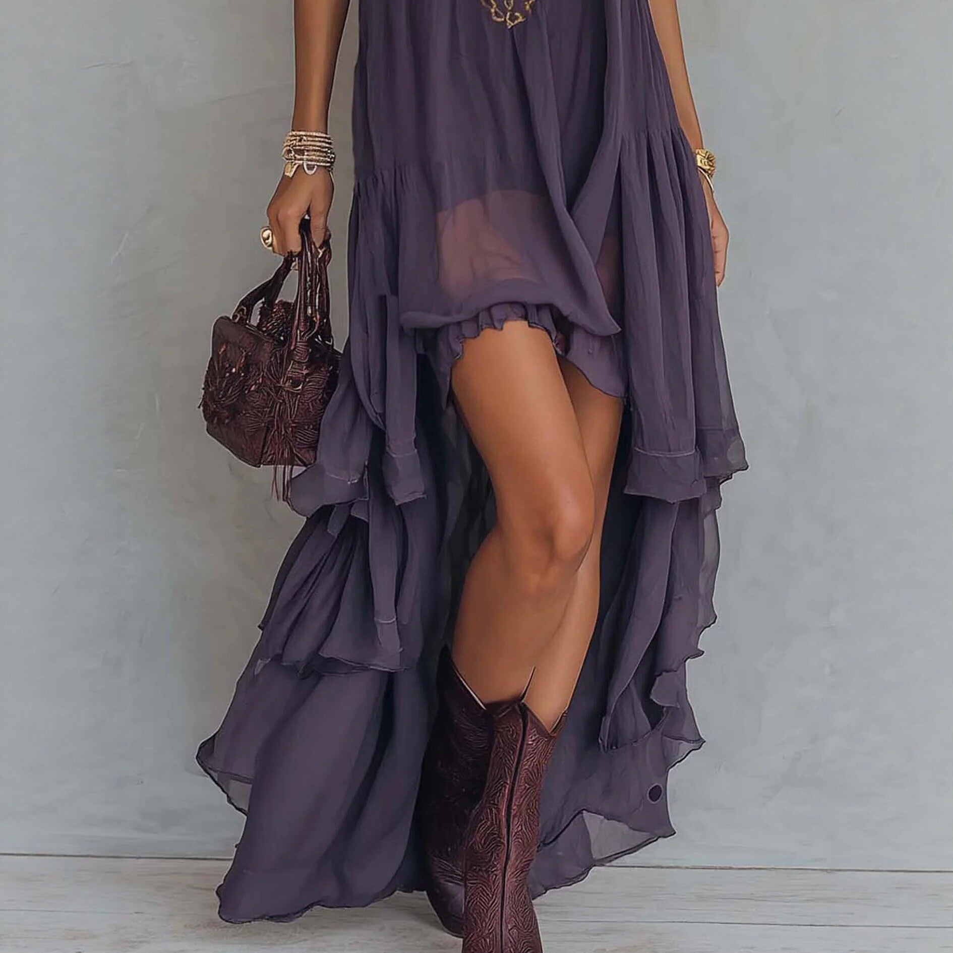 Boho Embroidered High-Low Halter Maxi Dress