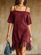 Off Shoulder Spaghetti Strap Suede Fringe Mini Dress