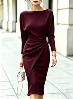Boat-Neck Dolman Sleeve Midi Dress with Side Drape