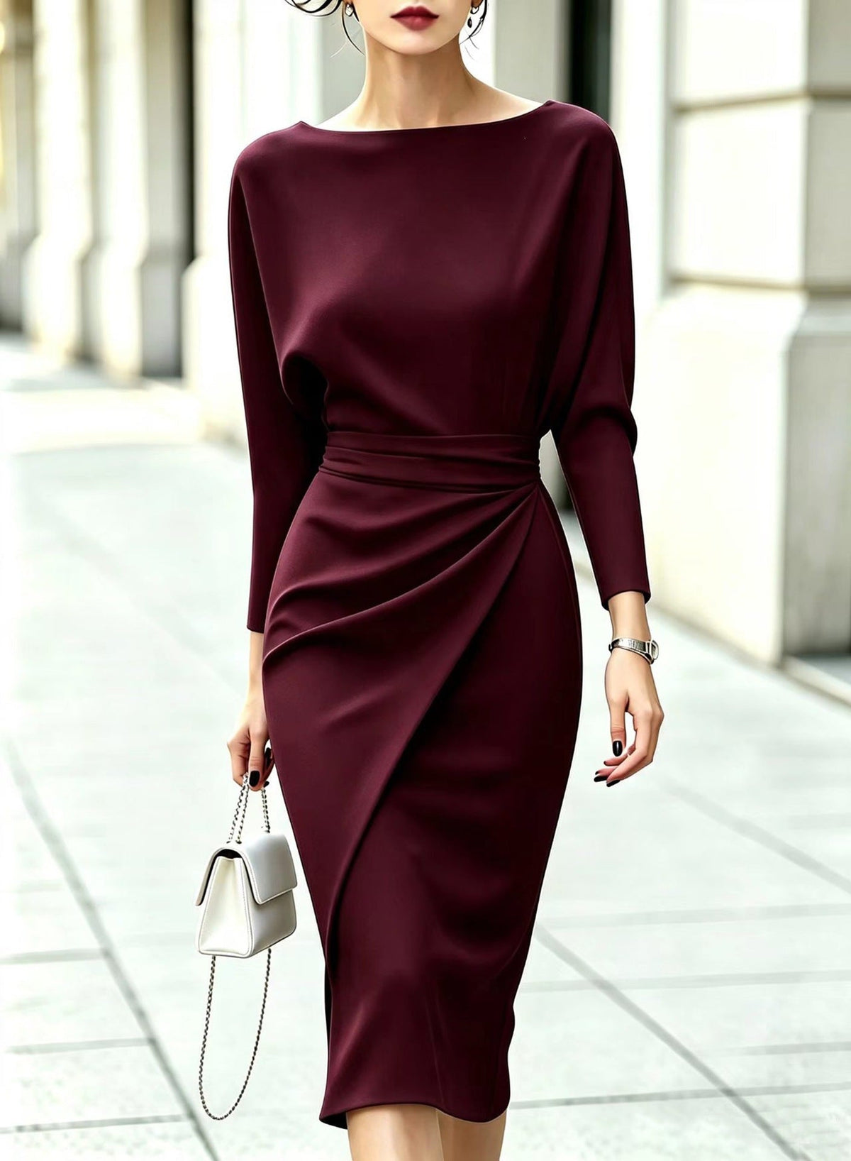 Boat-Neck Dolman Sleeve Midi Dress with Side Drape